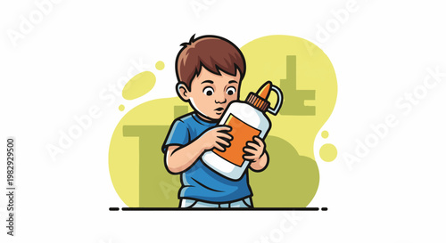 Young boy with a surprised expression holds a large bottle of white glue