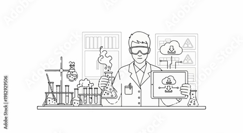 Scientist in lab with bubbling flasks, tablet, and cloud download icons