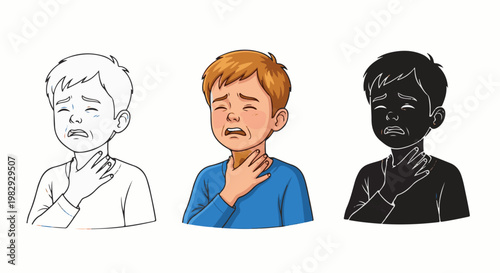 Young boy with hand on throat, eyes closed, distressed expression, three styles