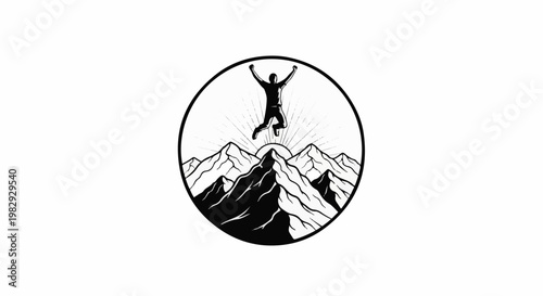 Silhouette of a person jumping for joy atop a mountain peak at sunrise