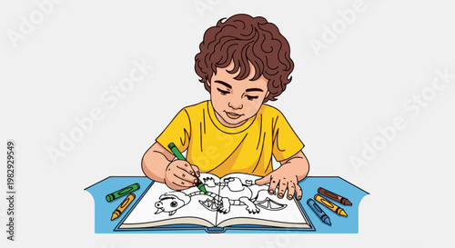 Young child intently coloring a dragon in a book with crayons