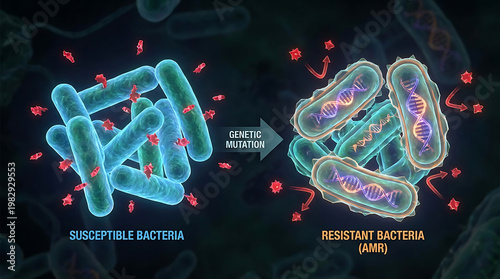 Microscopic 3D illustration of antimicrobial resistance showing bacteria evolving genetic mutations to survive medicine and antibiotic drugs, highlighting pathogenic superbugs in a laboratory.