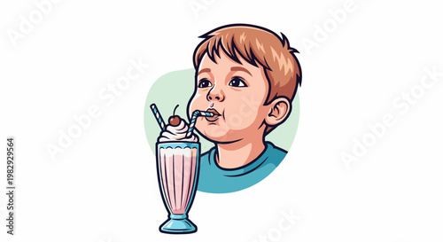 Young child enjoys a sweet, creamy milkshake with a cherry on top