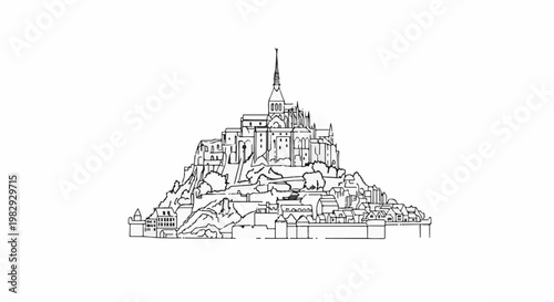Detailed line drawing of a fortified abbey atop a rocky hill surrounded by buildings