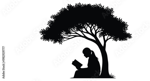 A silhouette of a woman reading a book peacefully under a large tree