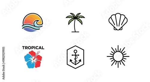 Set of tropical and summer beach vacation icons and logos