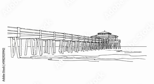 Detailed line drawing of a long wooden pier with a building at its end, over the ocean
