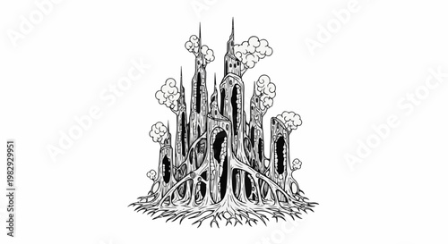 Mystical organic fortress with root-like base and cloud accents