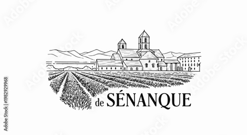 Monastic complex with lavender fields and distant mountains