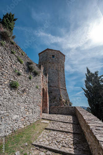 Italy, 10 April 2026: Medieval village Montebello with Azzurrina castle on hilltop, Valmarecchia landscape Rimini Emilia Romagna, historic borgo architecture, scenic view