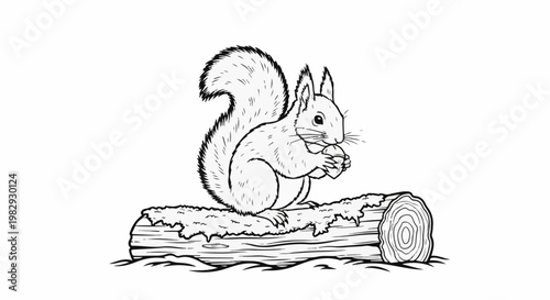 Line drawing of a squirrel holding a nut on a mossy log