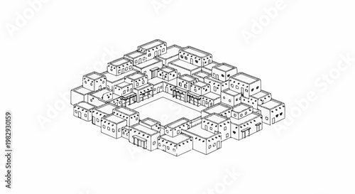 Isometric sketch of a dense, multi-level settlement with a central courtyard