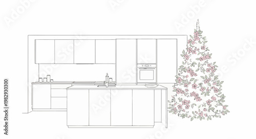 Hand-drawn sketch of a modern kitchen with cabinetry, sink, oven, and decorative floral tree
