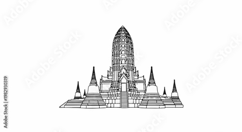 Intricate line drawing of a tiered temple structure with surrounding stupas