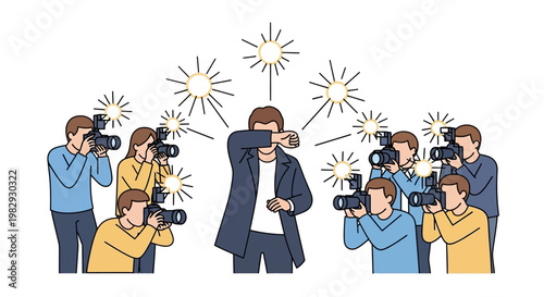 Man hiding face from paparazzi and camera flashes on white background