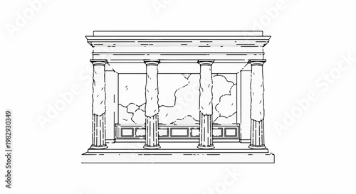 Stylized ancient building facade with pillars, cracked walls, and decorative elements