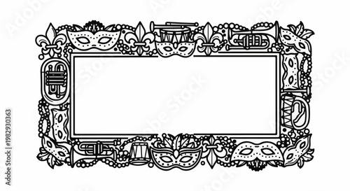 Festive rectangular frame with masks, trumpets, drums, and beads