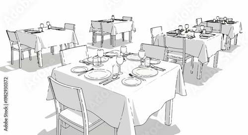Formal dining setup with multiple tables and chairs arranged for guests