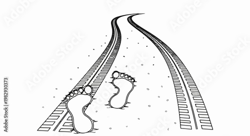 Footprints on a snowy railway track curving into the distance