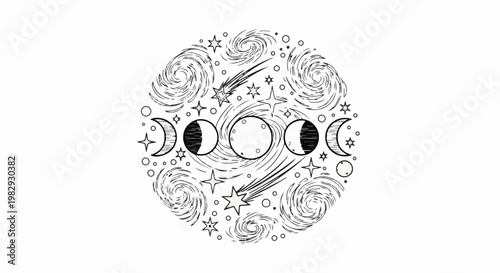 Celestial circle with moon phases, stars, and swirling galaxies