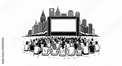 Crowd watches outdoor movie screen with city skyline backdrop