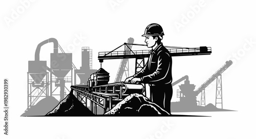 Industrial scene with worker operating machinery and construction equipment