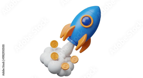 Vector illustration of 3d illustration of a blue rocket launching with gold coins on a transparent background