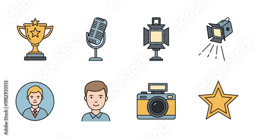 Media Production and Fame Flat Icon Set for Entertainment Industry