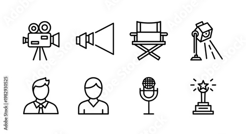 Cinema and Filmmaking Industry Line Icons Set