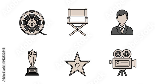Flat Line Movie Production and Cinema Industry Icon Set