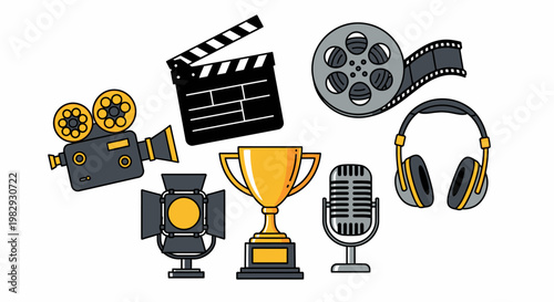 Cinema and Movie Production Icon Set in Flat Vector Style