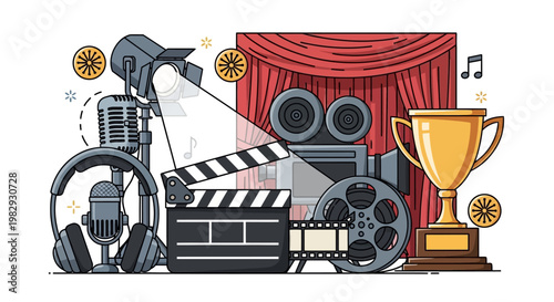 Cinema and Film Production Elements with Golden Trophy Illustration