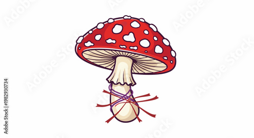 Whimsical illustration of a red mushroom with white spots, tied with ribbon