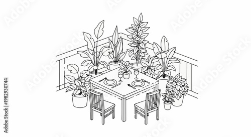 Dining table set amongst lush potted plants, two chairs waiting