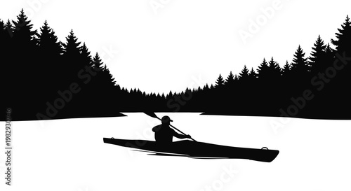 Silhouette of a kayaker paddling on calm water surrounded by evergreen trees