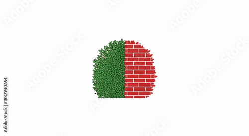 Half overgrown green bush against a red brick wall, isolated on white