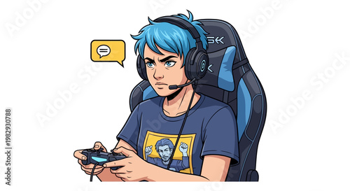 Young Gamer with Blue Hair Wearing Headset and Holding Controller