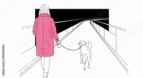 Woman in pink coat walks dog on leash along a walkway