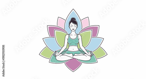 Woman in lotus pose meditating within a colorful, stylized lotus flower
