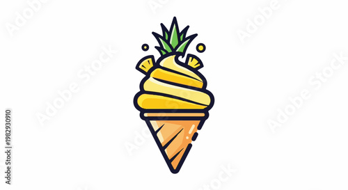 Whimsical pineapple soft serve ice cream cone with green leafy top