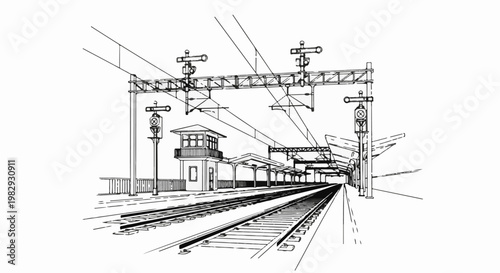 Detailed line drawing of a railway station with overhead wires and signals