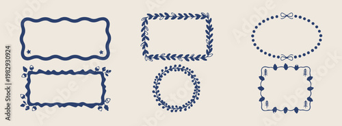 blue floral wreath and rectangular borders set, minimalist hand drawn botanical line art, aesthetic navy blue vine frames, modern simple foliage vector design, professional wedding invitation decorati