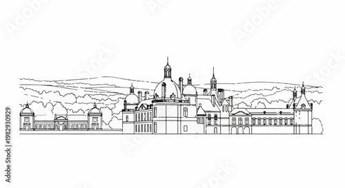 Detailed line drawing of a grand European castle with domed towers and gardens