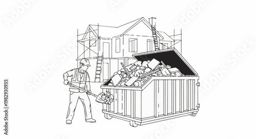 Construction worker shovels debris into a full dumpster by a house