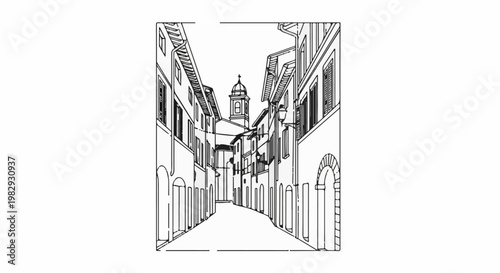 Detailed sketch of a European town street with archways and a bell tower