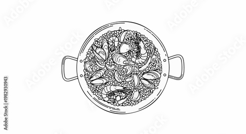 Detailed line drawing of a seafood paella in a pan, presented from above