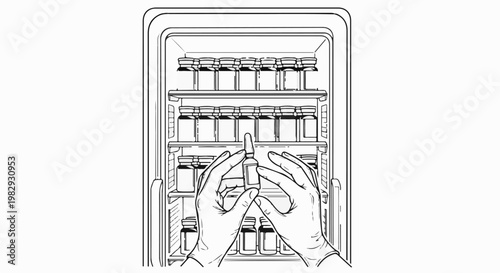 gloved hands extract vial from refrigerator with many vials