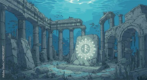 Underwater ancient ruins with stone carvings and fish swimming around
