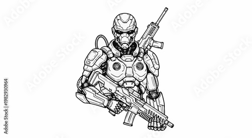 Detailed black and white illustration of a futuristic armored warrior holding two rifles