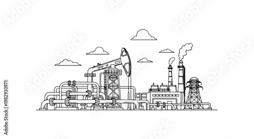 Industrial landscape with oil pump, pipes, smokestacks, and power lines